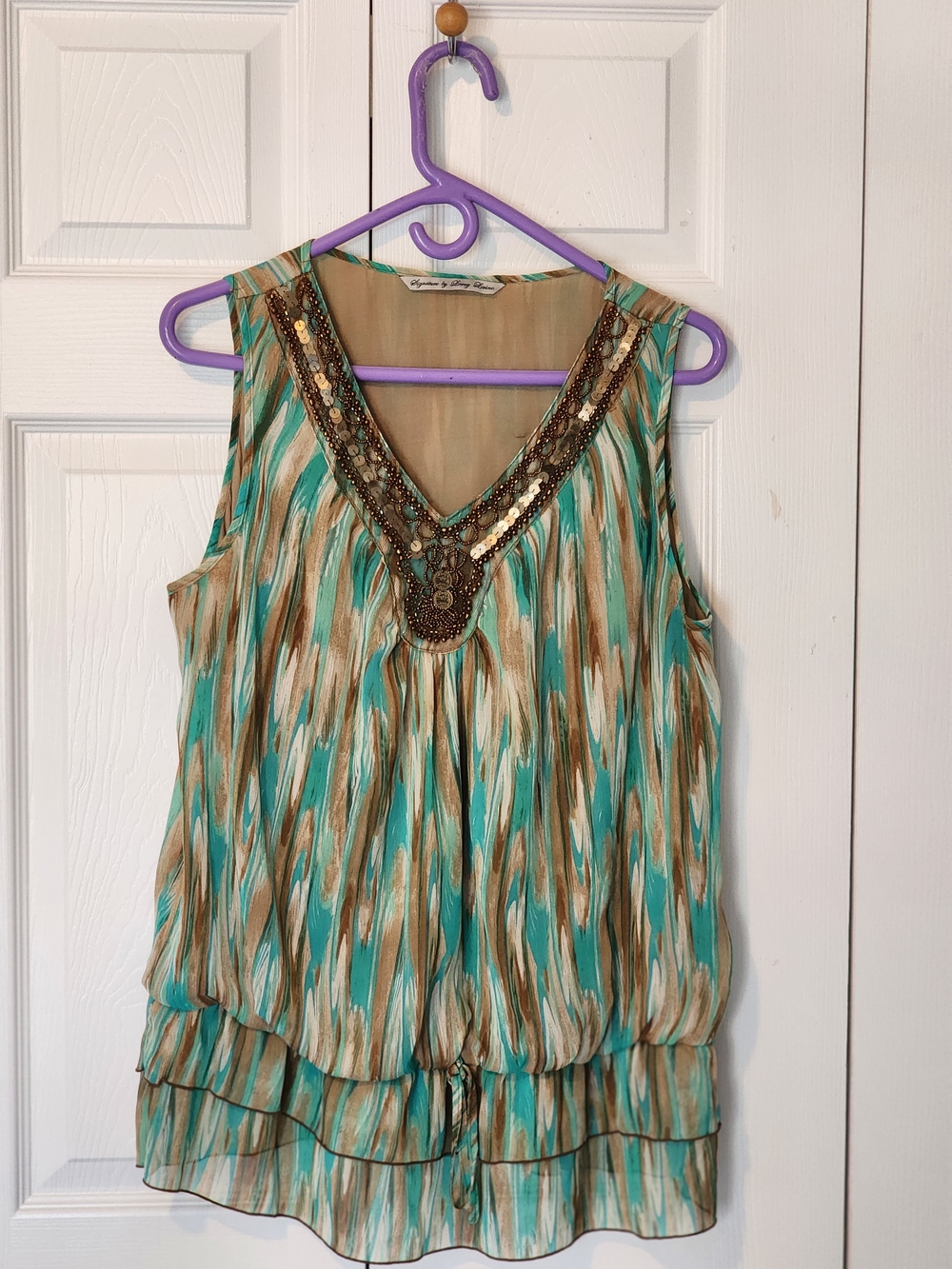 Signature by Larry Levine Teal Tan Beaded V-Neck Sleeveless Lined Top PTP 22" - Picture 3 of 11